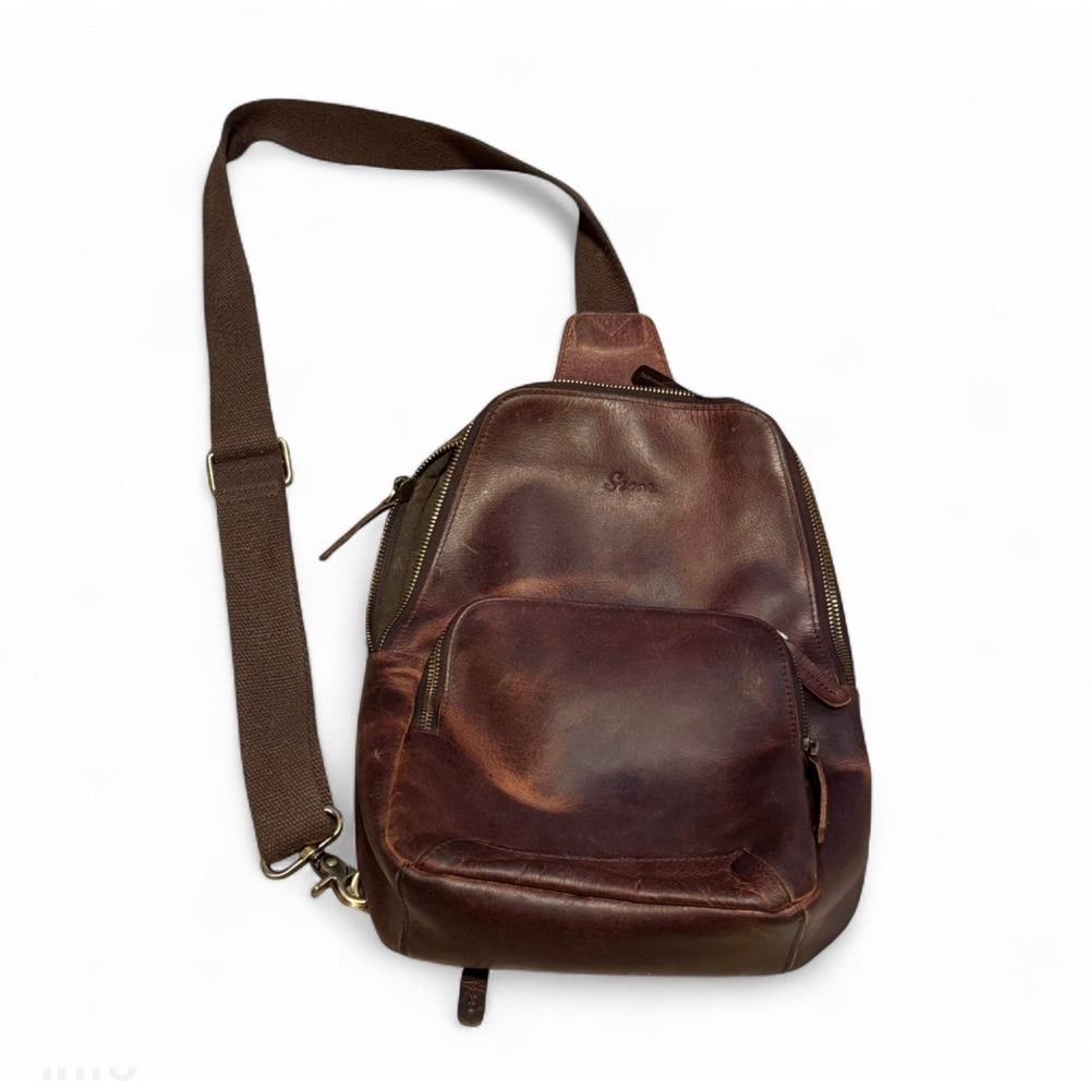 Szane Brown Cowhide Leather Sling Backpack Crossbody Bag Distressed Vintage